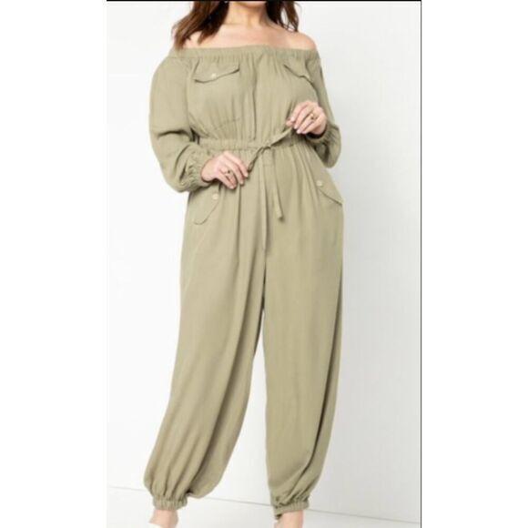 New! Eloquii Plus size Off The Shoulder Utility green‎ Jumpsuit , size 22 - Picture 1 of 15